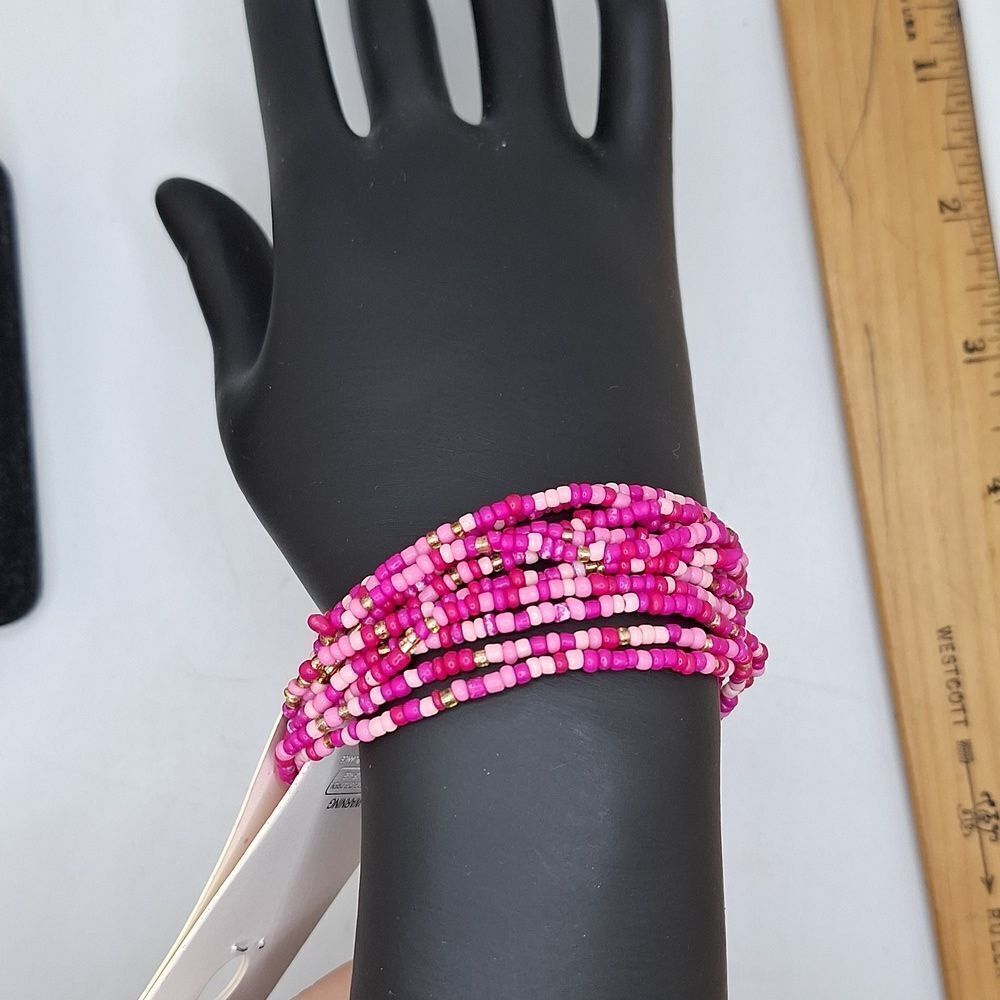 Pink beaded elastic bracelets bundle pack of 10 layered